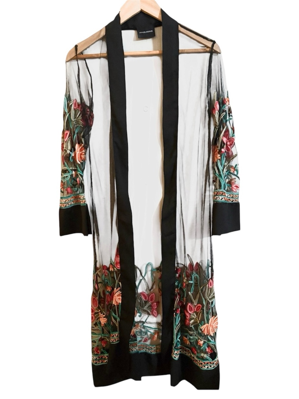 Sheer Black Embroidered Floral Kimono Robe